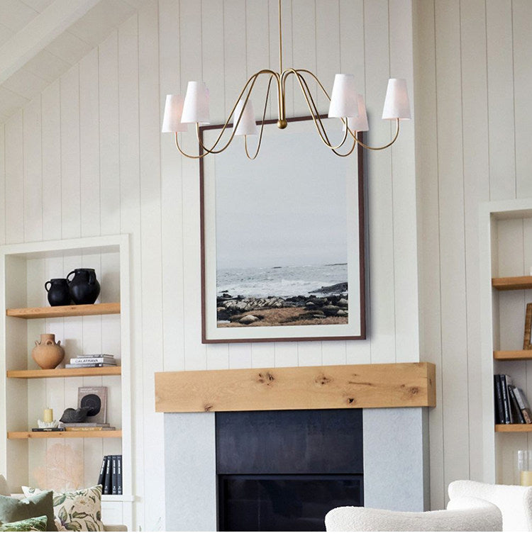 French retro brass curved arm fabric pendant light