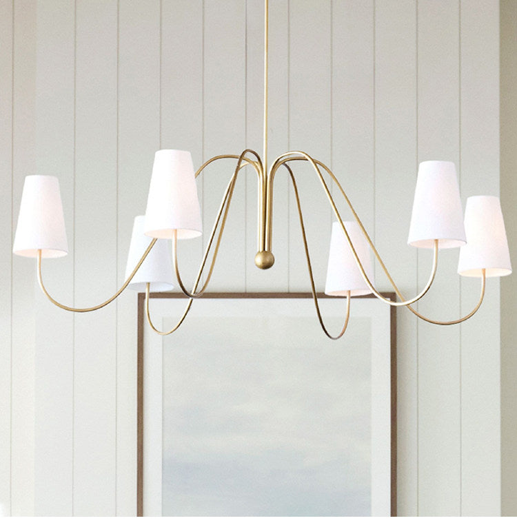 French retro brass curved arm fabric pendant light