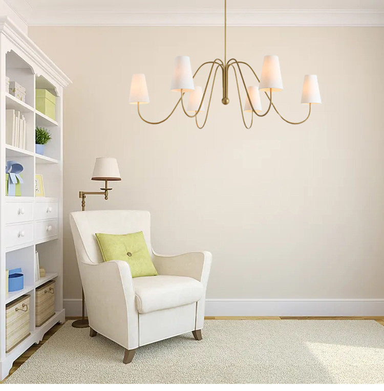 French retro brass curved arm fabric pendant light