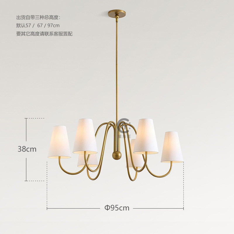 French retro brass curved arm fabric pendant light