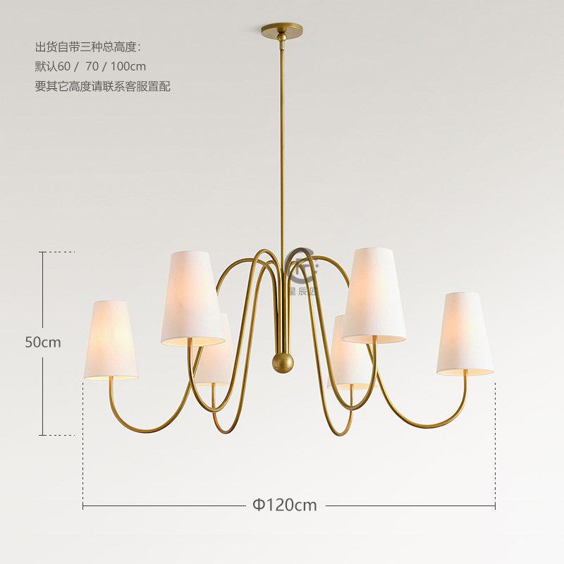French retro brass curved arm fabric pendant light