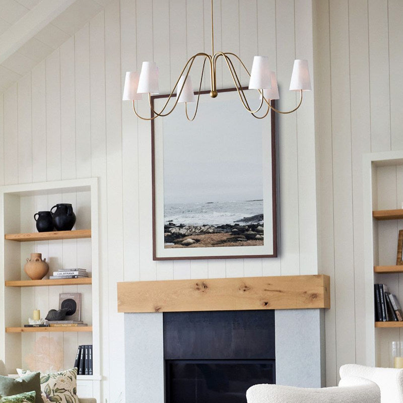 French retro brass curved arm fabric pendant light