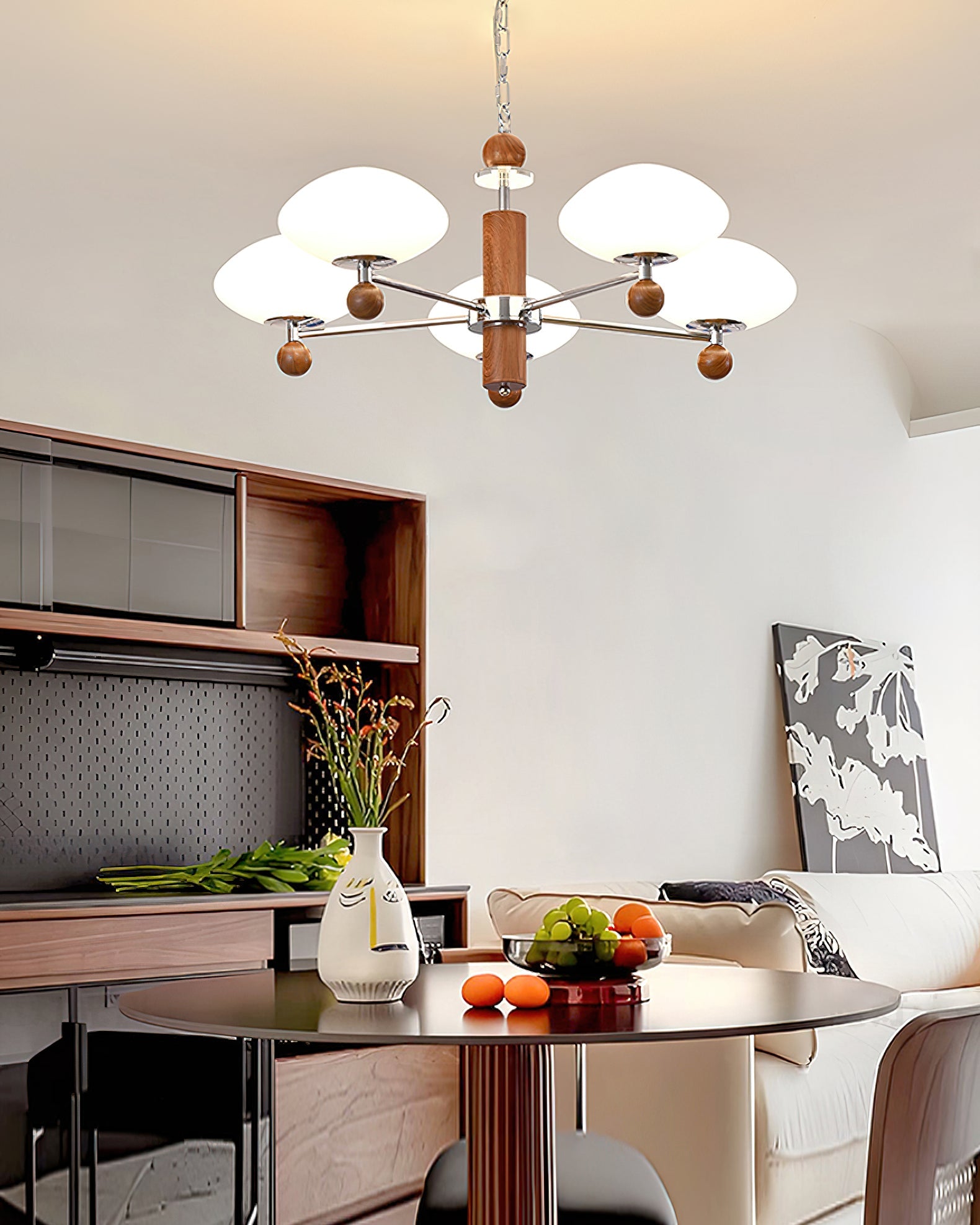 Vintage Cream Wood Glass Chandelier