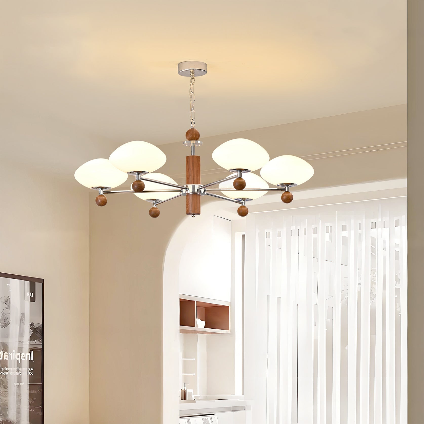 Vintage Cream Wood Glass Chandelier