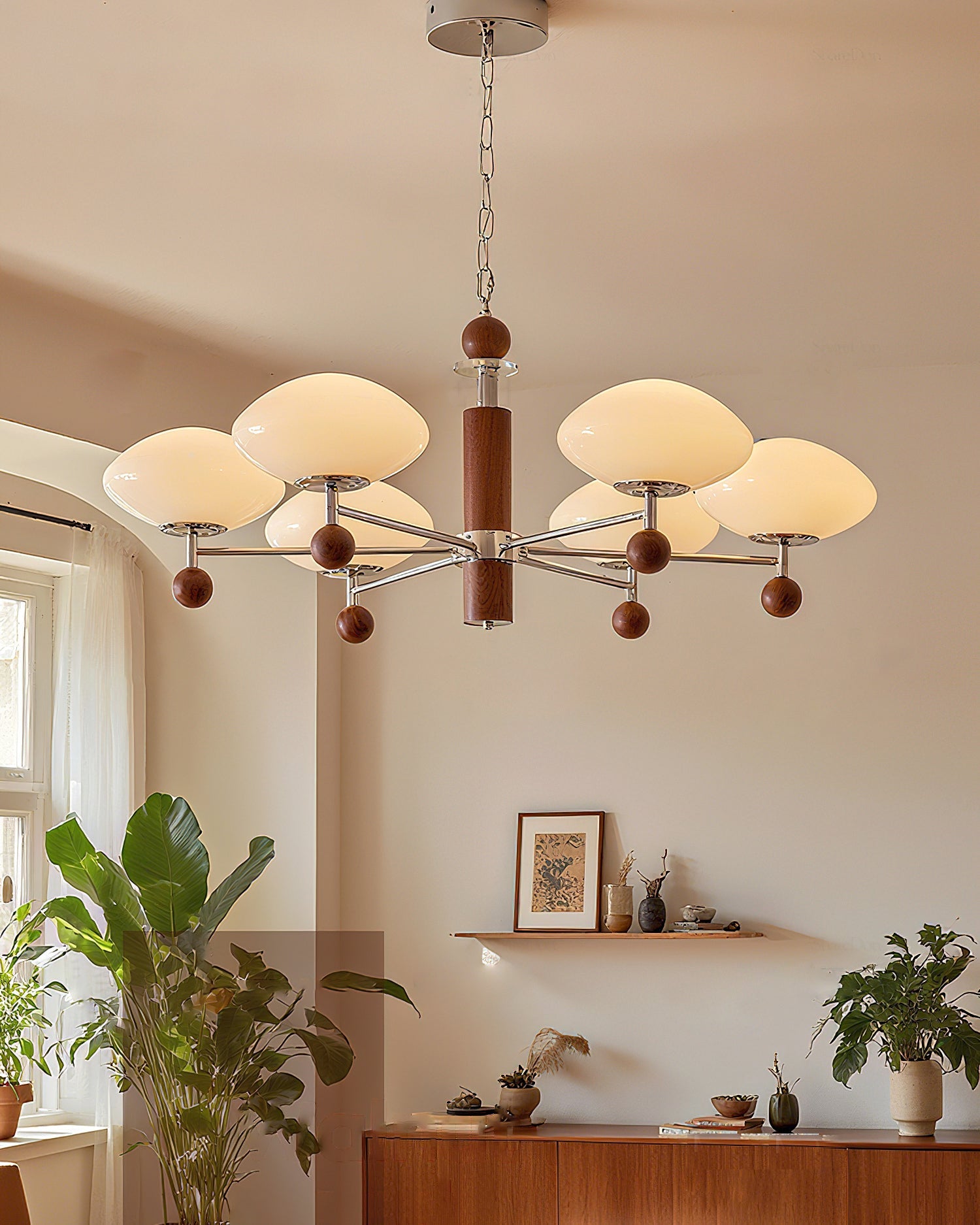 Vintage Cream Wood Glass Chandelier