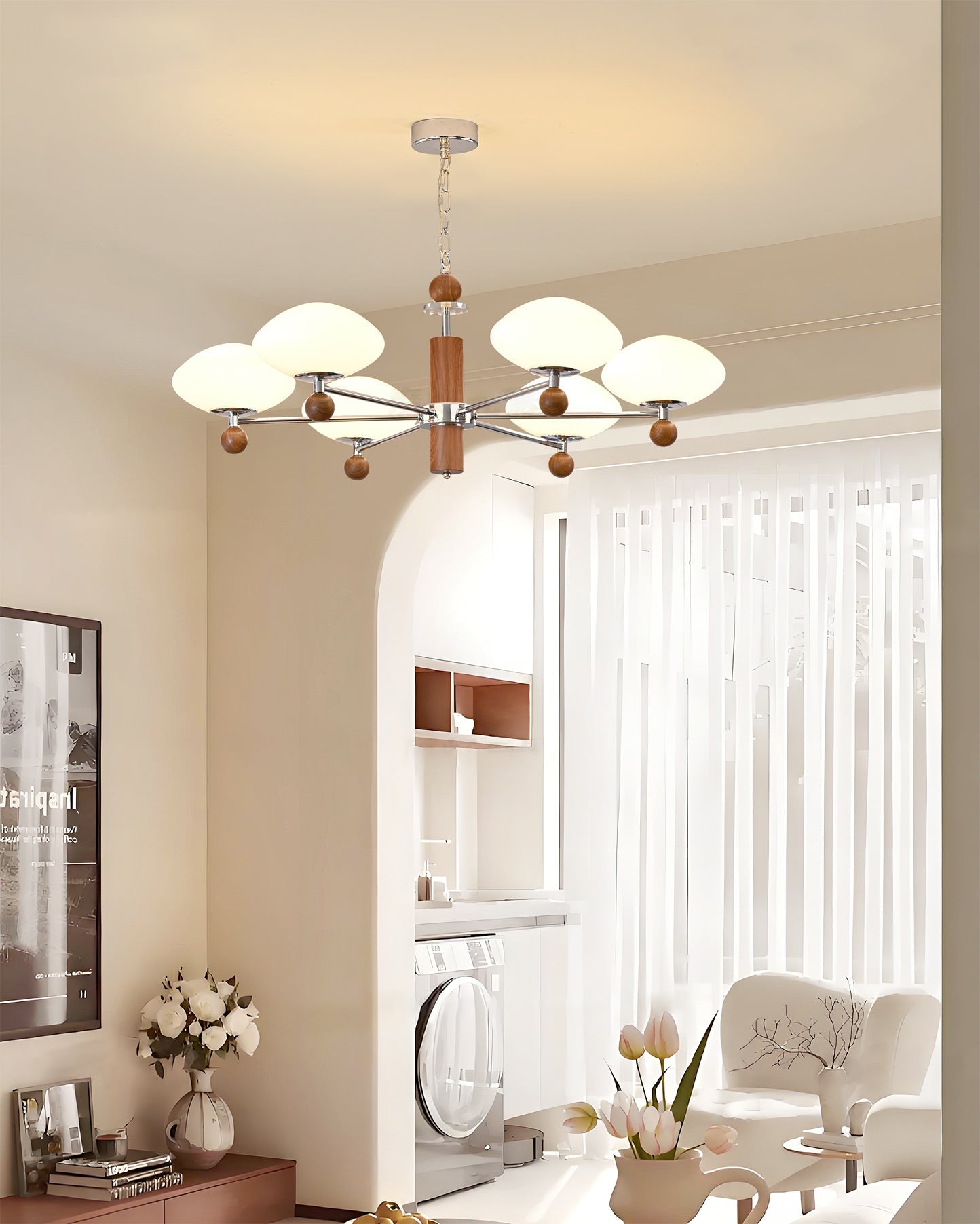 Vintage Cream Wood Glass Chandelier