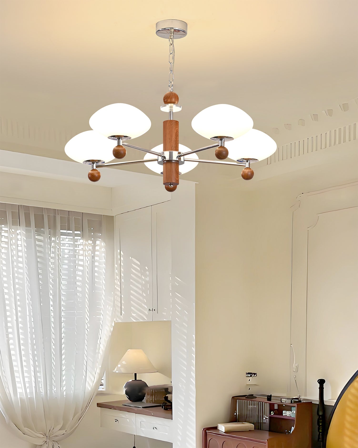 Vintage Cream Wood Glass Chandelier