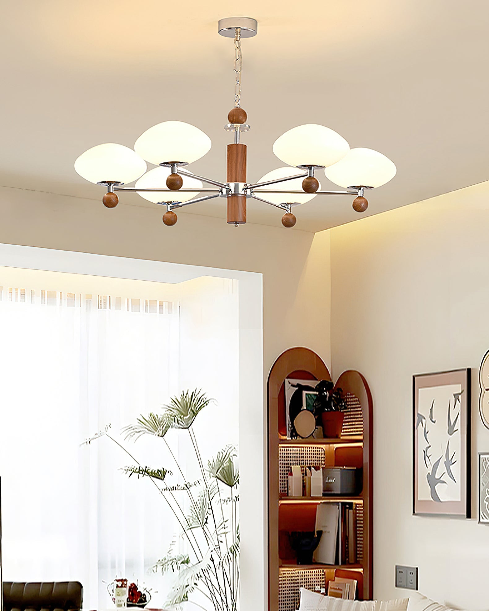 Vintage Cream Wood Glass Chandelier