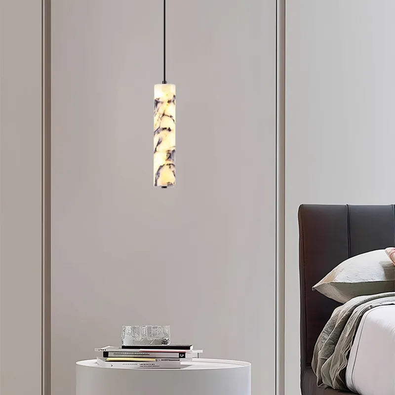 Cylinder Natural Marble Chandelier Dimmable Art Deco For Indoor Bedside Restaurant Kitchen Stone Pendant Lamp
