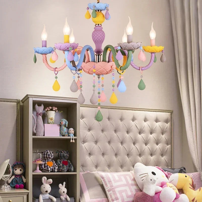 Crystal Chandelier Children Room Macaron Color Candle Lamp Lustre Cristal Creative Fantasy Girl Princess Luminaire Light