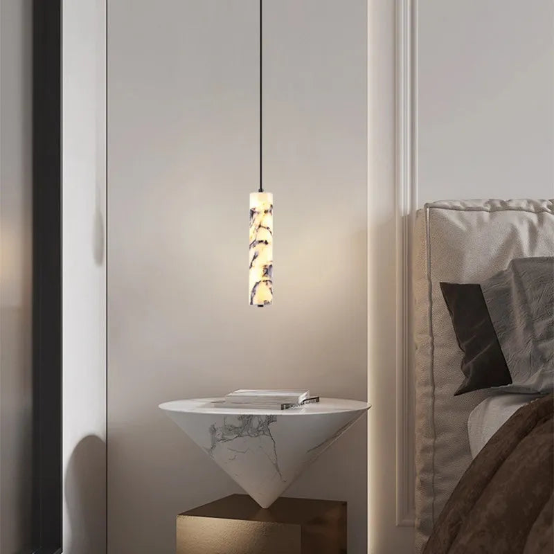 Cylinder Natural Marble Chandelier Dimmable Art Deco For Indoor Bedside Restaurant Kitchen Stone Pendant Lamp