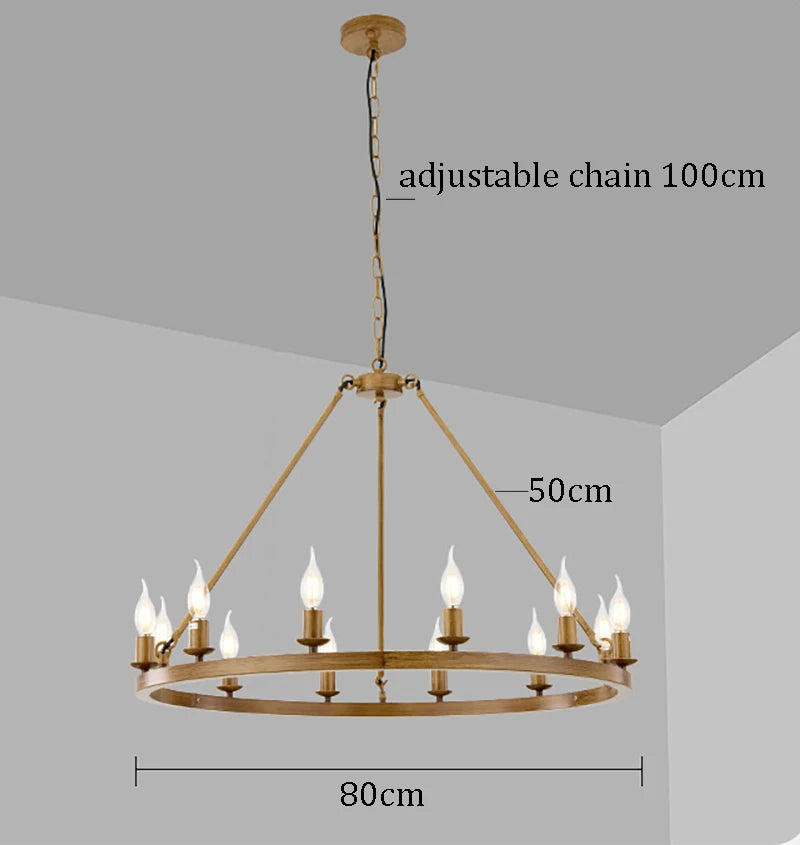 American Wagon Wheel Chandelier light Retro Industrial Candle Hanging lamp For Cafe Restaurant Bar Round Ceiling Lamp W 31.4"