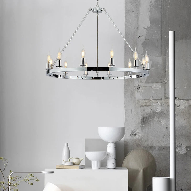 American Wagon Wheel Chandelier light Retro Industrial Candle Hanging lamp For Cafe Restaurant Bar Round Ceiling Lamp W 31.4"