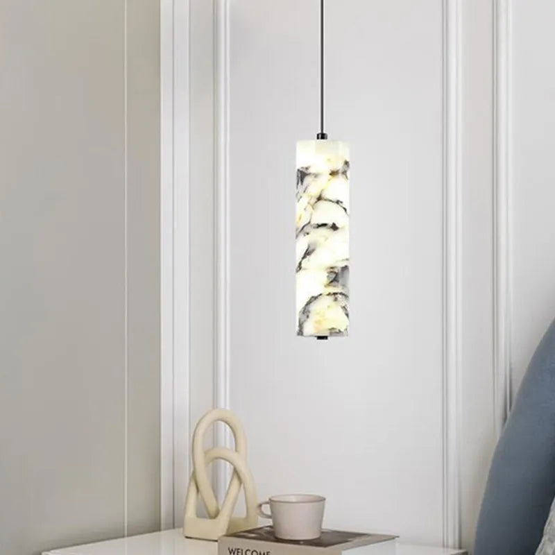 Cylinder Natural Marble Chandelier Dimmable Art Deco For Indoor Bedside Restaurant Kitchen Stone Pendant Lamp
