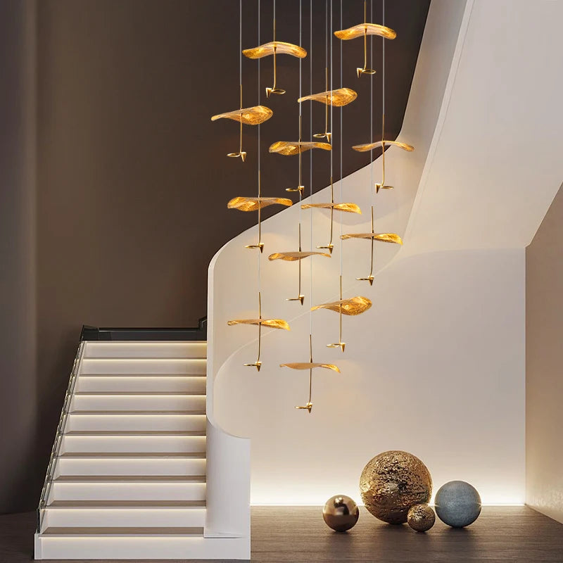 Copper leaf LED staircase pendant light