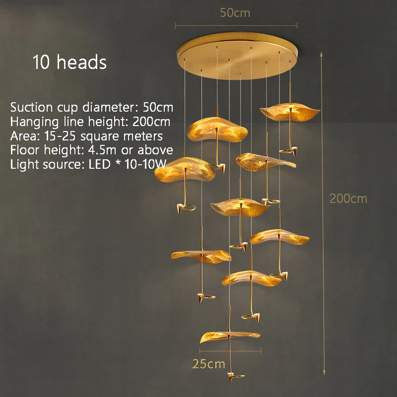 Copper leaf LED staircase pendant light