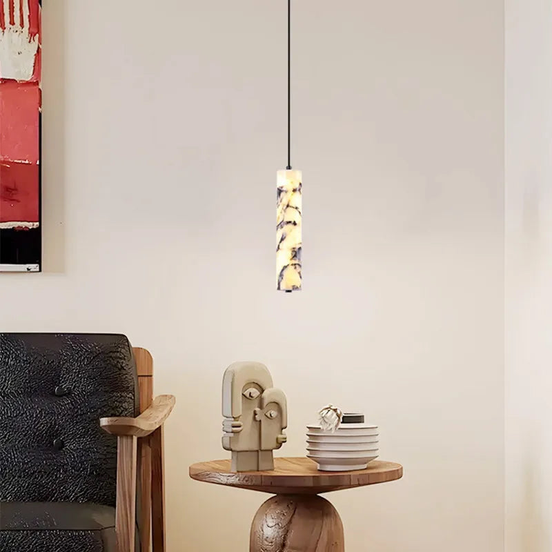 Cylinder Natural Marble Chandelier Dimmable Art Deco For Indoor Bedside Restaurant Kitchen Stone Pendant Lamp