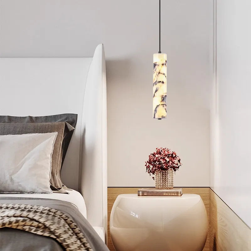 Cylinder Natural Marble Chandelier Dimmable Art Deco For Indoor Bedside Restaurant Kitchen Stone Pendant Lamp