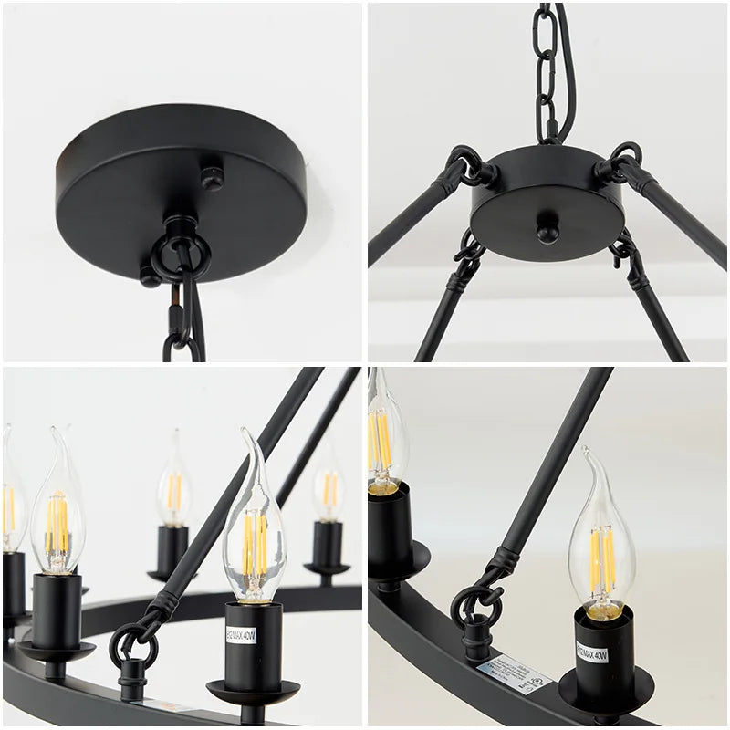 American Wagon Wheel Chandelier light Retro Industrial Candle Hanging lamp For Cafe Restaurant Bar Round Ceiling Lamp W 31.4"